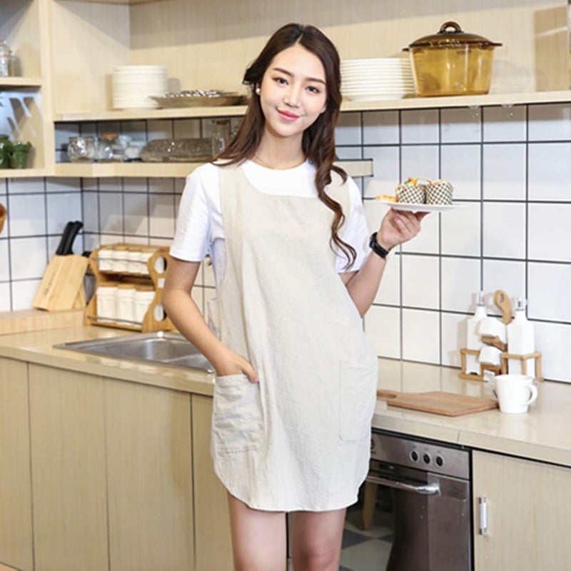 KKTOCHVC Japanese Style Soft Cotton Linen Apron with Two Side Pockets, X Cross Halter Apron, Kitchen Cooking Clothes Present for Women DIY Project, Crafting, Cooking, Baking (Beige) - Image 3